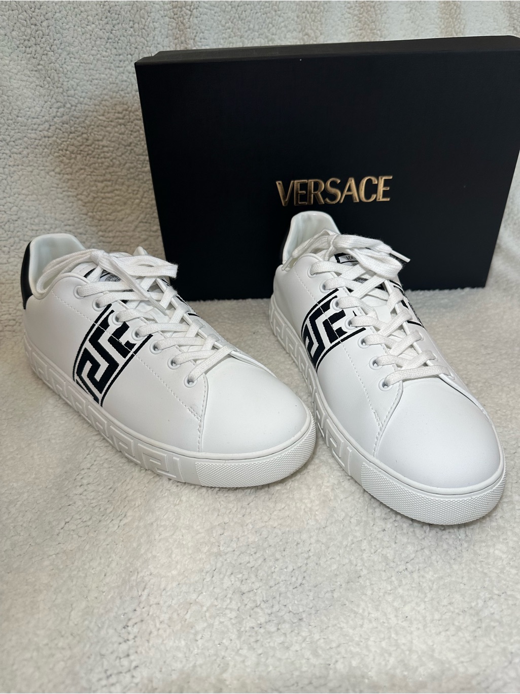 Versace Greca Embroidered Nylon Sneakers Black & White